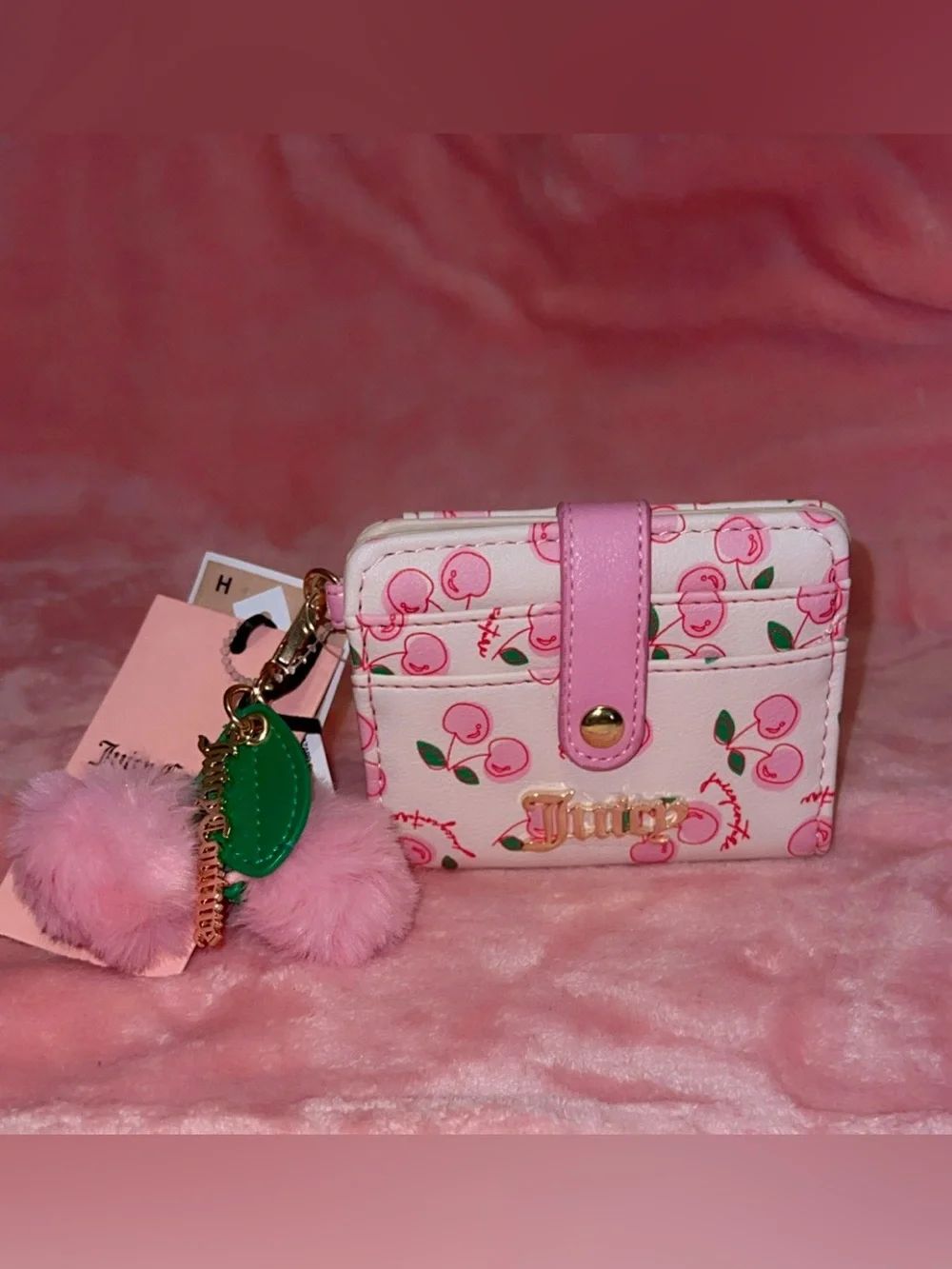 Juicy Couture Soft White and Pink Cherry Card Holder with Pink Cherry Pom Charm